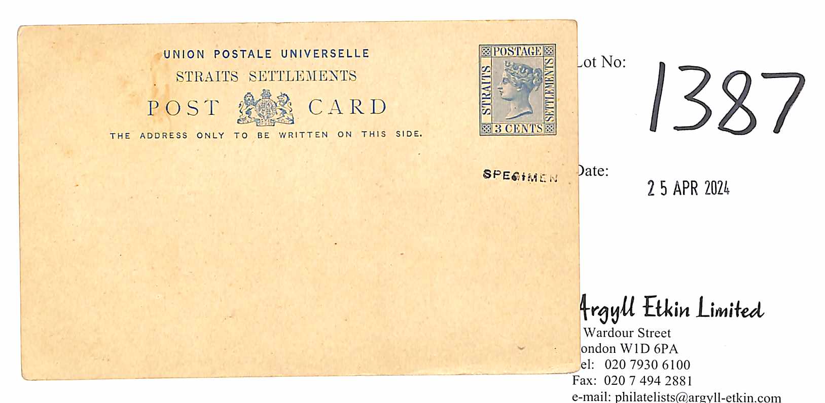 1879 3c Postcard handstamped "SPECIMEN", type SS4, very rare.