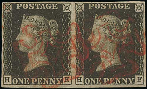 1840 1d Black, HE-HF plate 5 pair used with red Maltese Crosses, good to large margins on all sides,