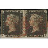 1840 1d Black, HE-HF plate 5 pair used with red Maltese Crosses, good to large margins on all sides,