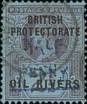 1893 (Dec) ½d on 2½d, Type 9 surcharge in blue, fine used with Old Calabar c.d.s. S.G. 32, £400.