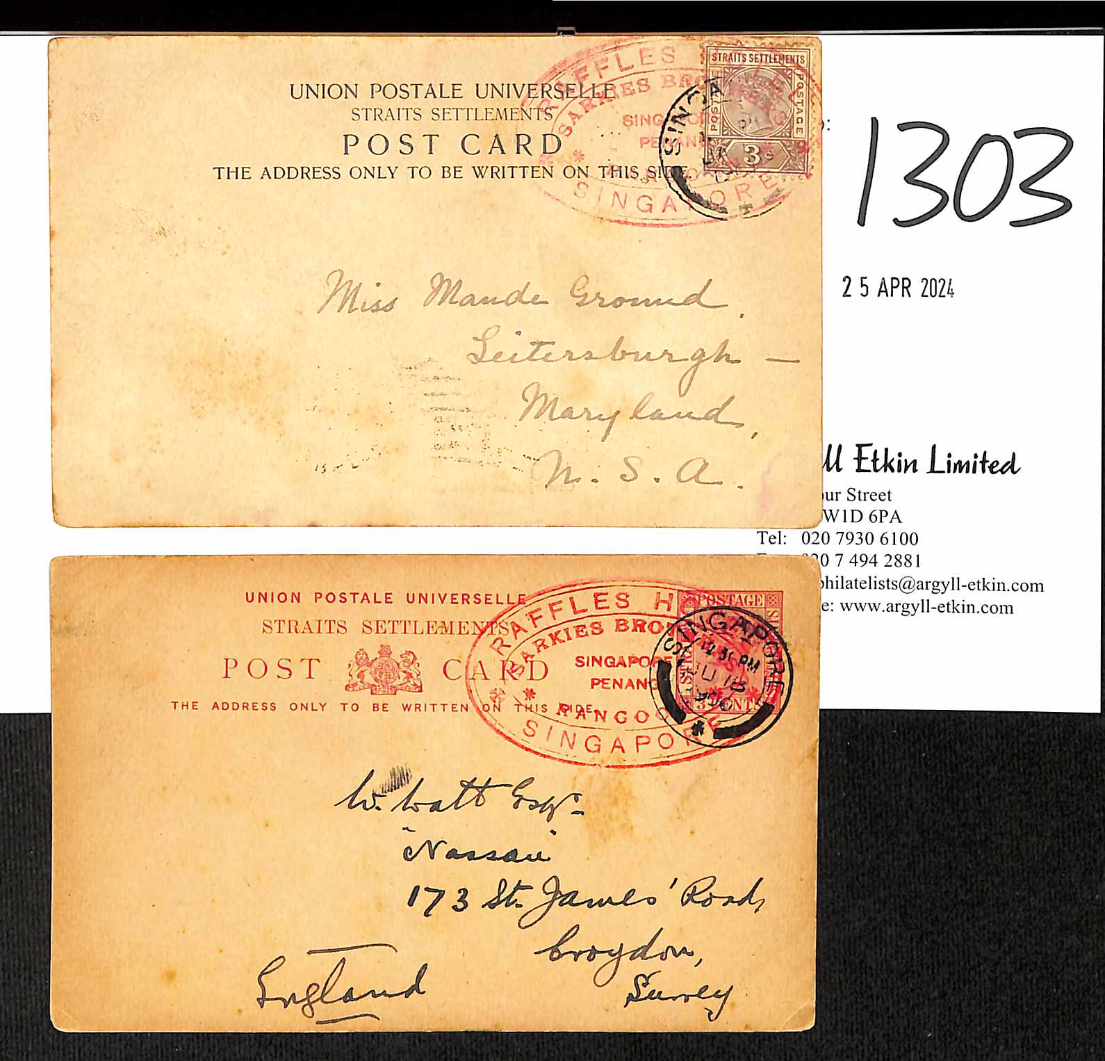 Raffles Hotel. 1900-01 3c Postcard to England and a picture postcard to USA franked 3c, both with - Image 2 of 2