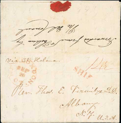 Singapore. 1839 (May 15) Entire letter from Singapore to Albany, N.Y endorsed "Via St. Helena",