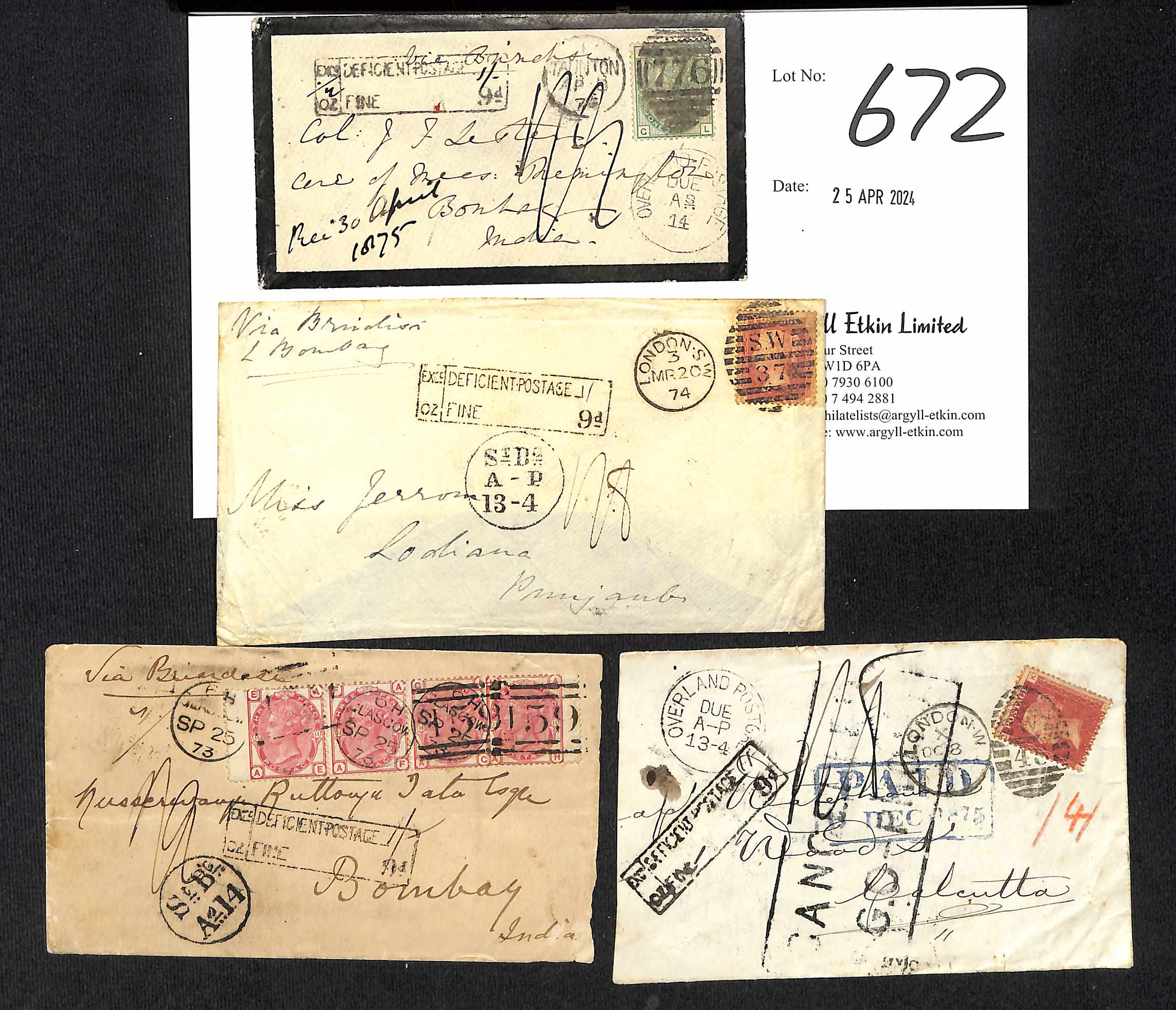 1873-76 Covers sent via Brindisi, charged the deficiency + 9d, with boxed "DEFICIENT POSTAGE /