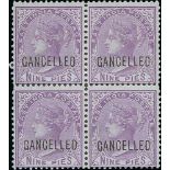 1874-76 9p, 6a, 12a and 1r Blocks of four all overprinted "CANCELLED" type D7, superb unmounted