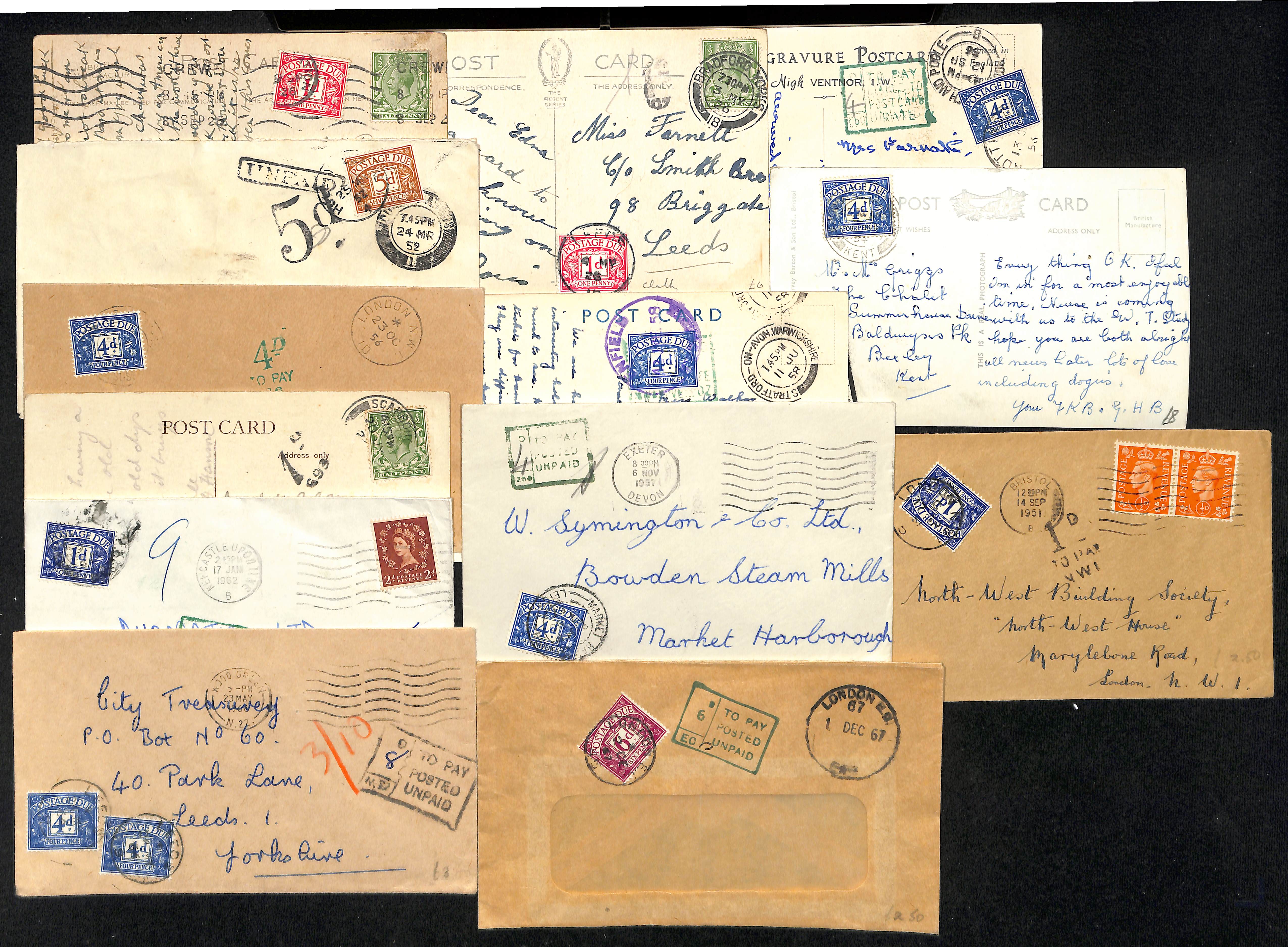1908-80 Covers and cards, most with due stamps including 1½d brown, etc. (95).