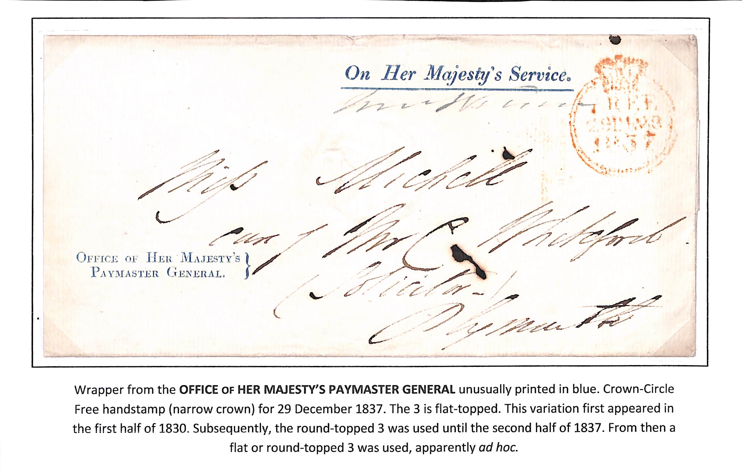Paymaster General. 1837 (Dec 29) Lettersheet with "On Her Majesty's Service" heading and "OFFICE