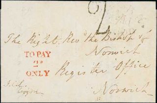 1817 (July 18) Entire letter to the Bishop of Norwich, posted within the London 2d Post with a "2"
