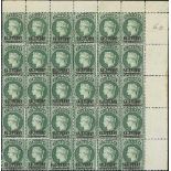 1893 ½d Green with 14½mm surcharge, upper right corner marginal block of thirty (6x5), 5/3 with