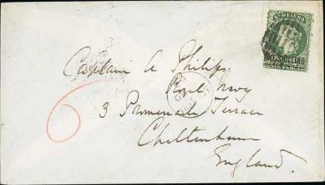 1880 (Oct 30) Cover to England franked 1/- (S.G. 26) tied by cork cancel (Proud K37), St. Helena c.