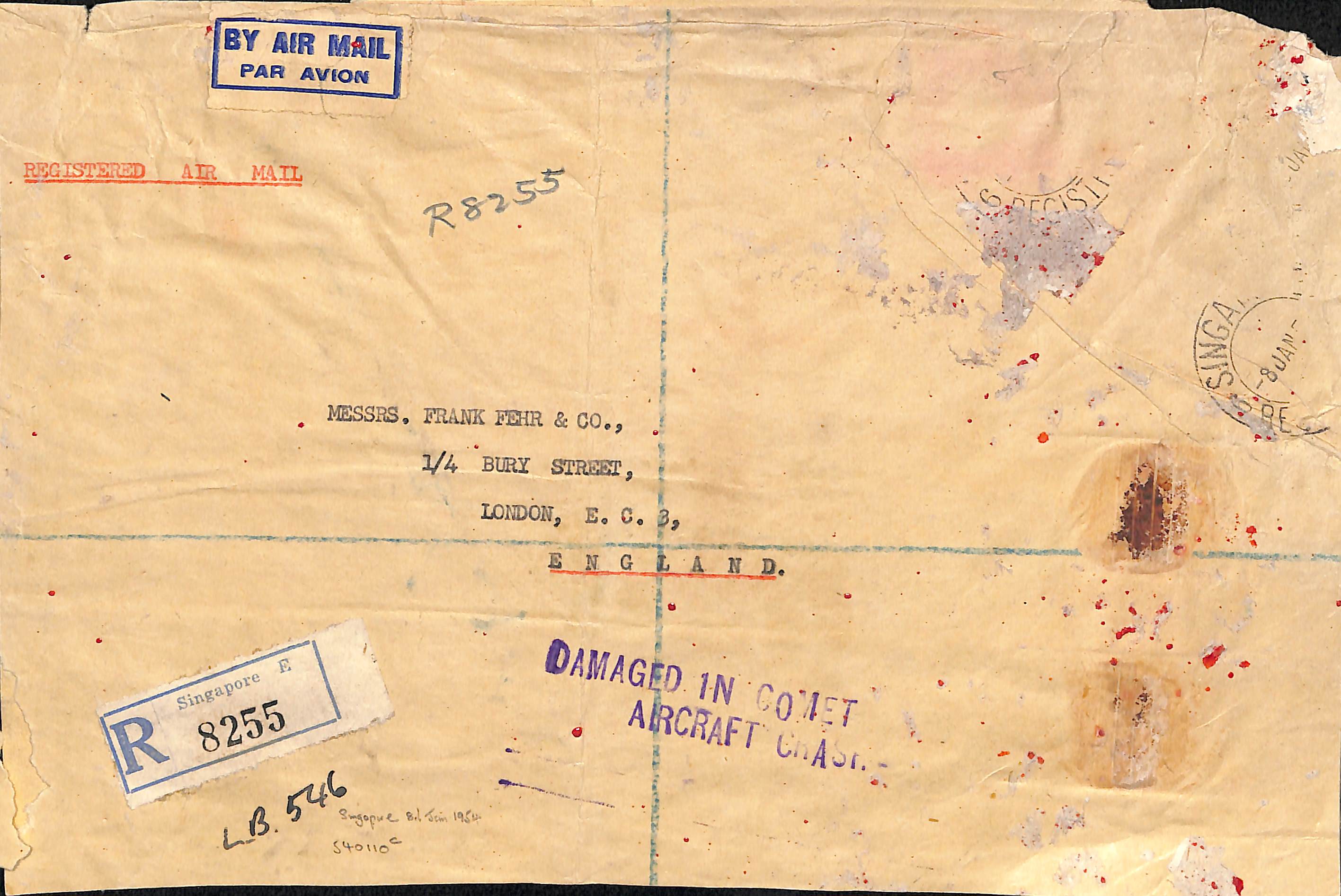 1954 (Jan. 8) Large registered cover from Singapore to London with "DAMAGED IN COMET / AIRCRAFT