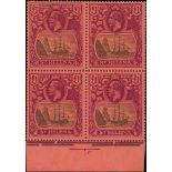 1922 £1 Grey and purple on red, unmounted mint block of four with lower margin, including torn