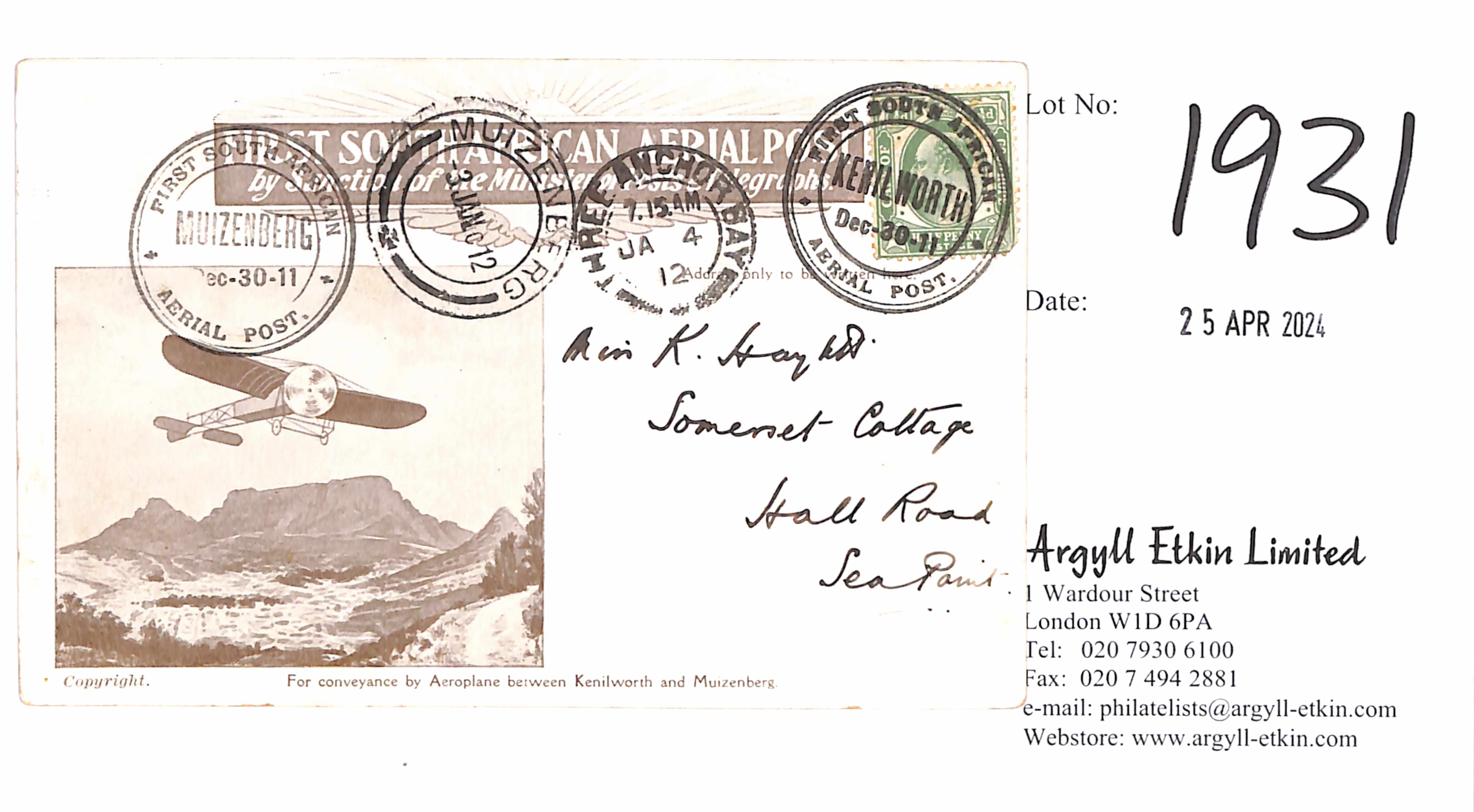 1911 (Dec 30) Kenilworth to Muizenberg second flight, pictorial Aerial Post card to Sea Point