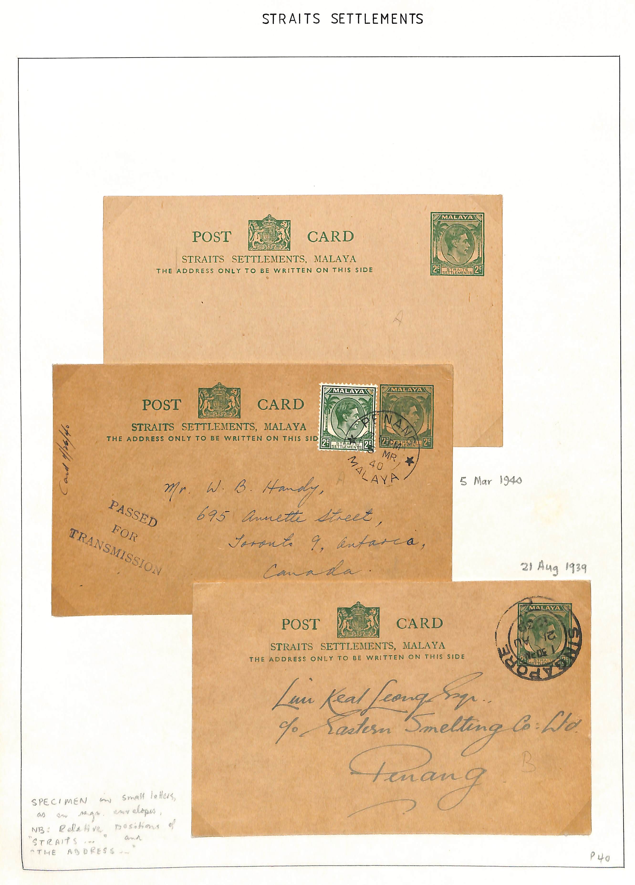 1937-40 KGVI 2c Green postcards Specimen, unused or used (11), 2c + 2c reply cards Specimen, - Image 3 of 4