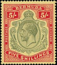 1918-22 5/- Green and carmine-red on pale yellow, watermark inverted, fine mint. S.G. 53dw, £475.