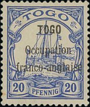 1914 (Oct 8) 20pf Ultramarine, type 1 overprint, variety 3½mm between "Togo" and "Occupation",