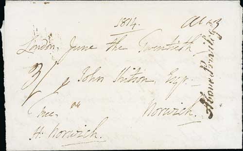 1814 (June 20) Entire letter (side flaps removed) signed by the Bishop of Norwich, sent from