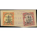 1915 (Jan 11) Piece bearing Marshall Islands 3d on 25pf and 4d on 40pf, both setting IV, tied by