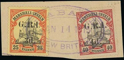 1915 (Jan 11) Piece bearing Marshall Islands 3d on 25pf and 4d on 40pf, both setting IV, tied by