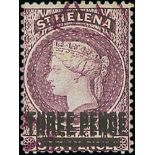 1887 3d Deep mauve, variety surcharge double, cancelled to order with violet remainder cancel, large