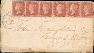 1862 (Apr 6) Cover bearing 1d red strip of six tied by "Enniskillen / 214" spoons, addressed to a