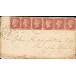 1862 (Apr 6) Cover bearing 1d red strip of six tied by "Enniskillen / 214" spoons, addressed to a