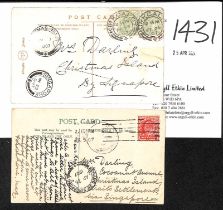 1907 Picture Postcards from Scotland, franked 1d to Mrs Darling on Christmas Island, both with