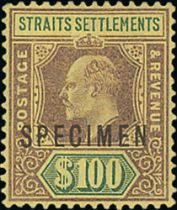 1902-03 Crown CA $100 purple and green on yellow overprinted "SPECIMEN" fine mint, also a fiscally