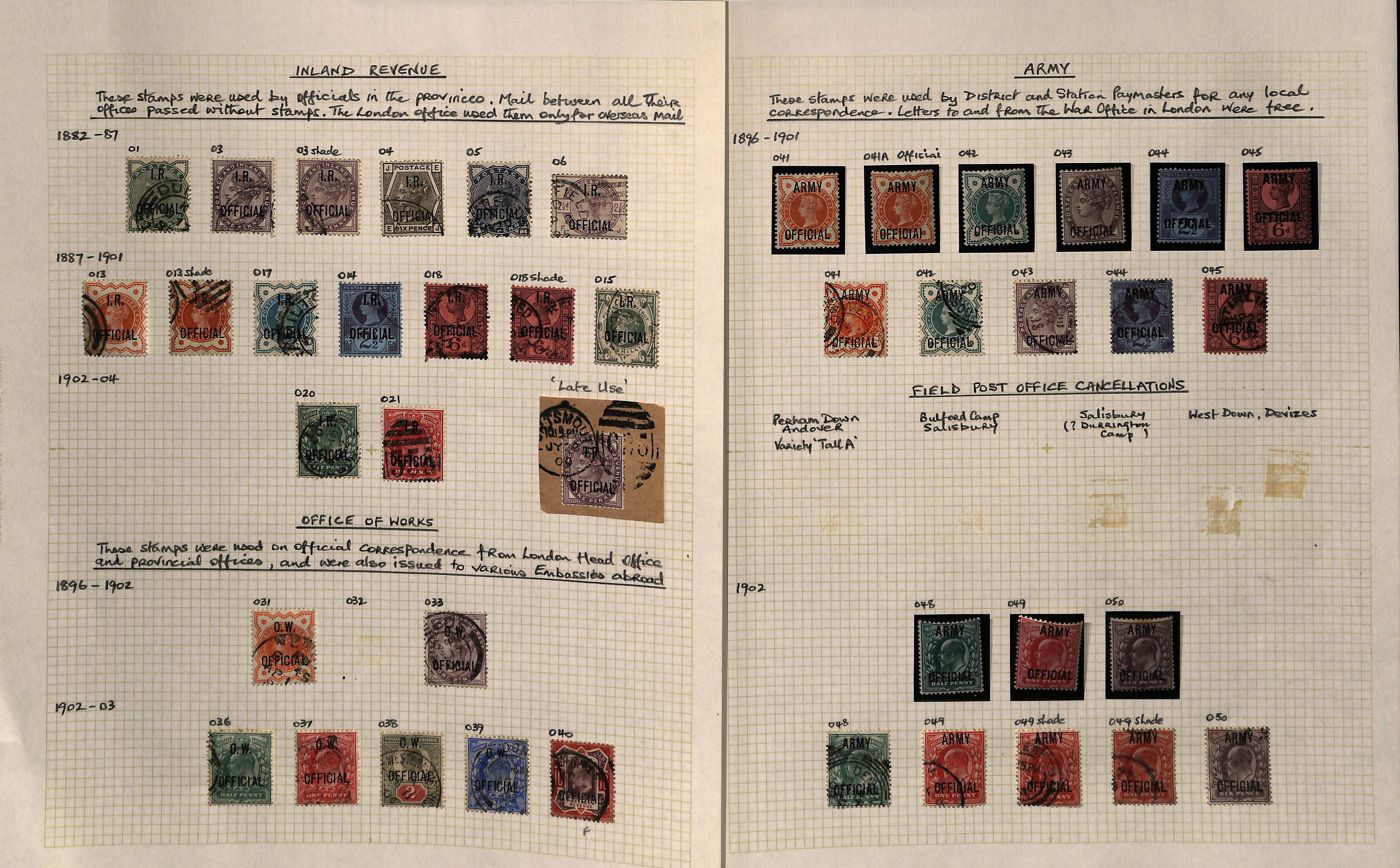 1882-1904 Mint and used selection on pages including Inland Revenue 1889 1/- green used, Office of