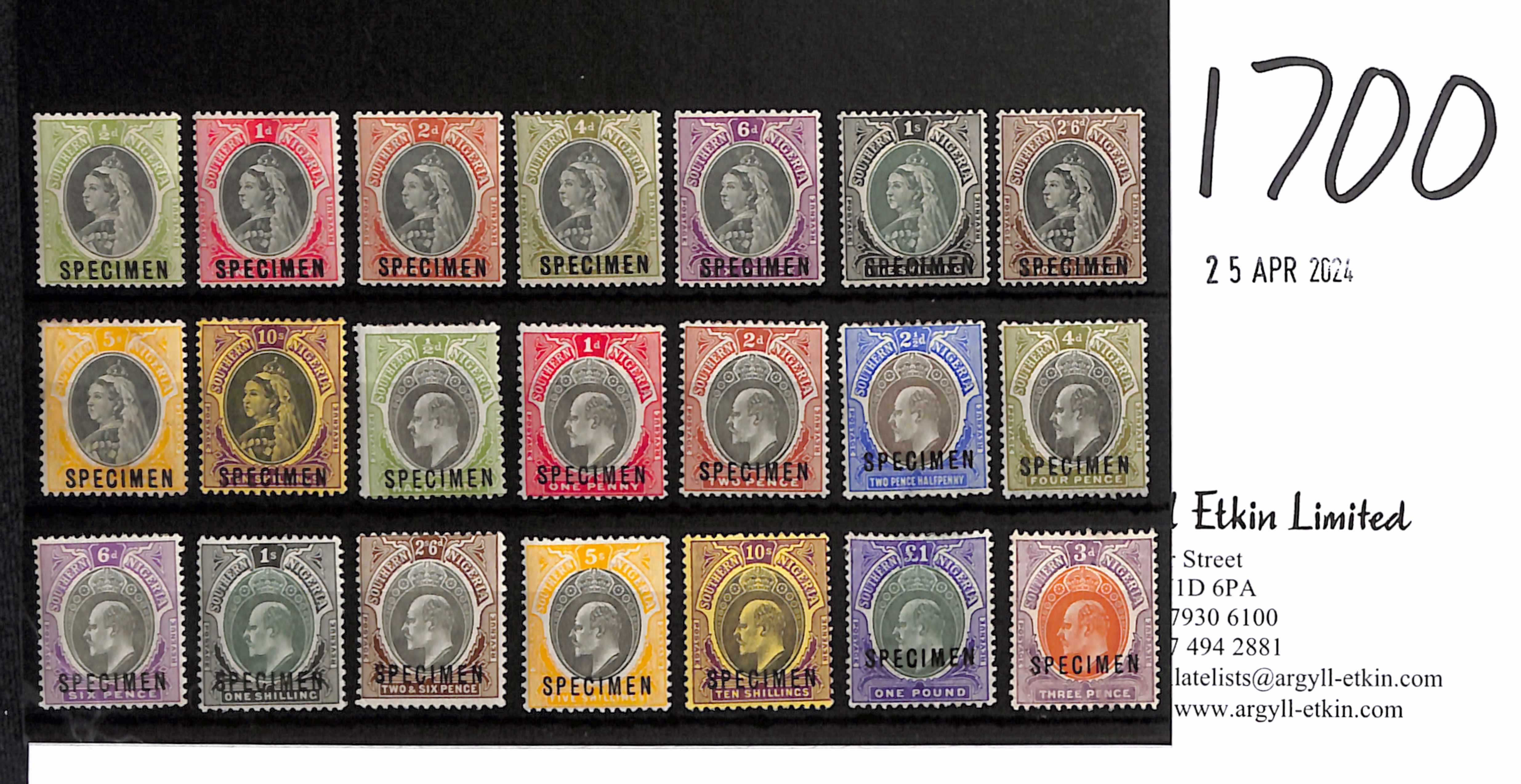 1901-07 Specimen stamps, comprising 1901 and 1903-04 sets, and 1907 3d, fine mint. S.G. 1/20s,