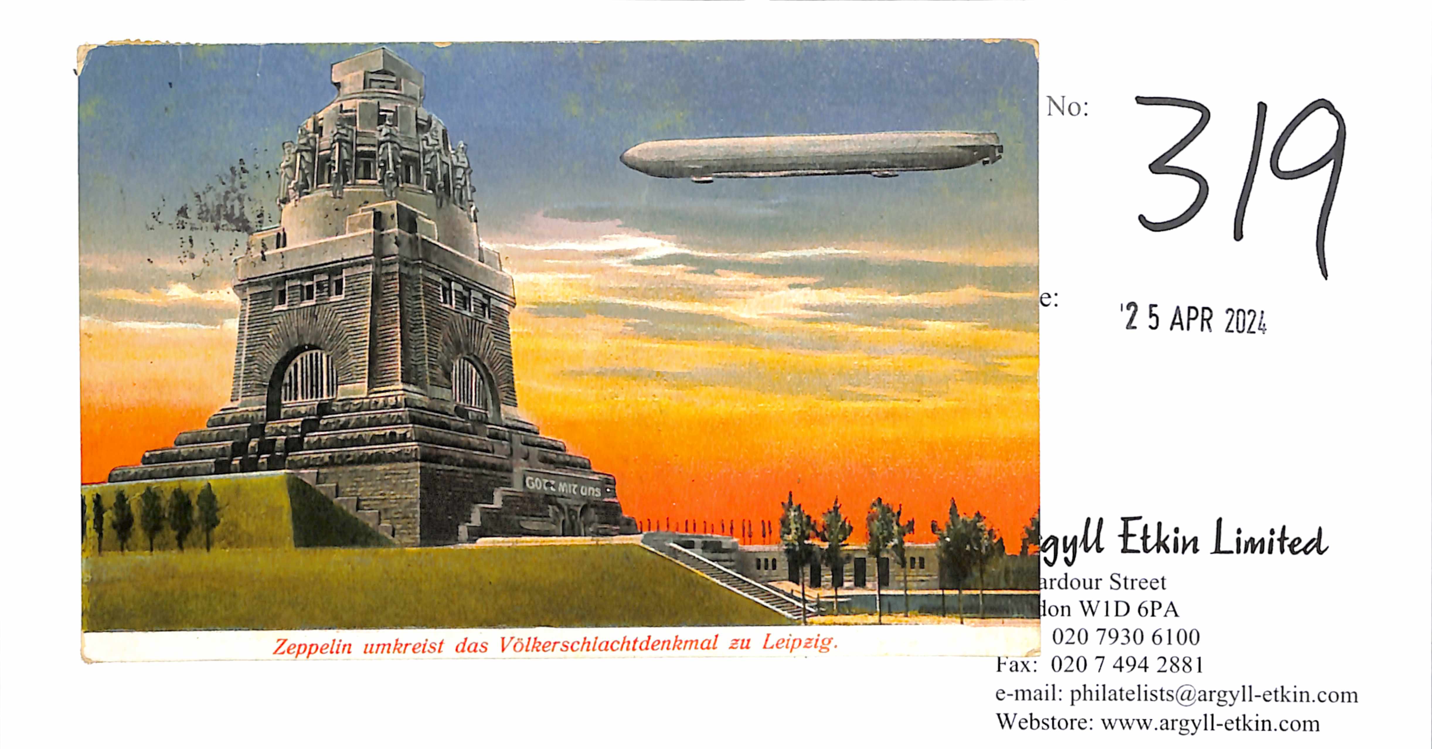 Germany. 1913 (May 24) Picture postcard of the Zeppelin over the Leipzig Heroes Monument, written - Image 2 of 2