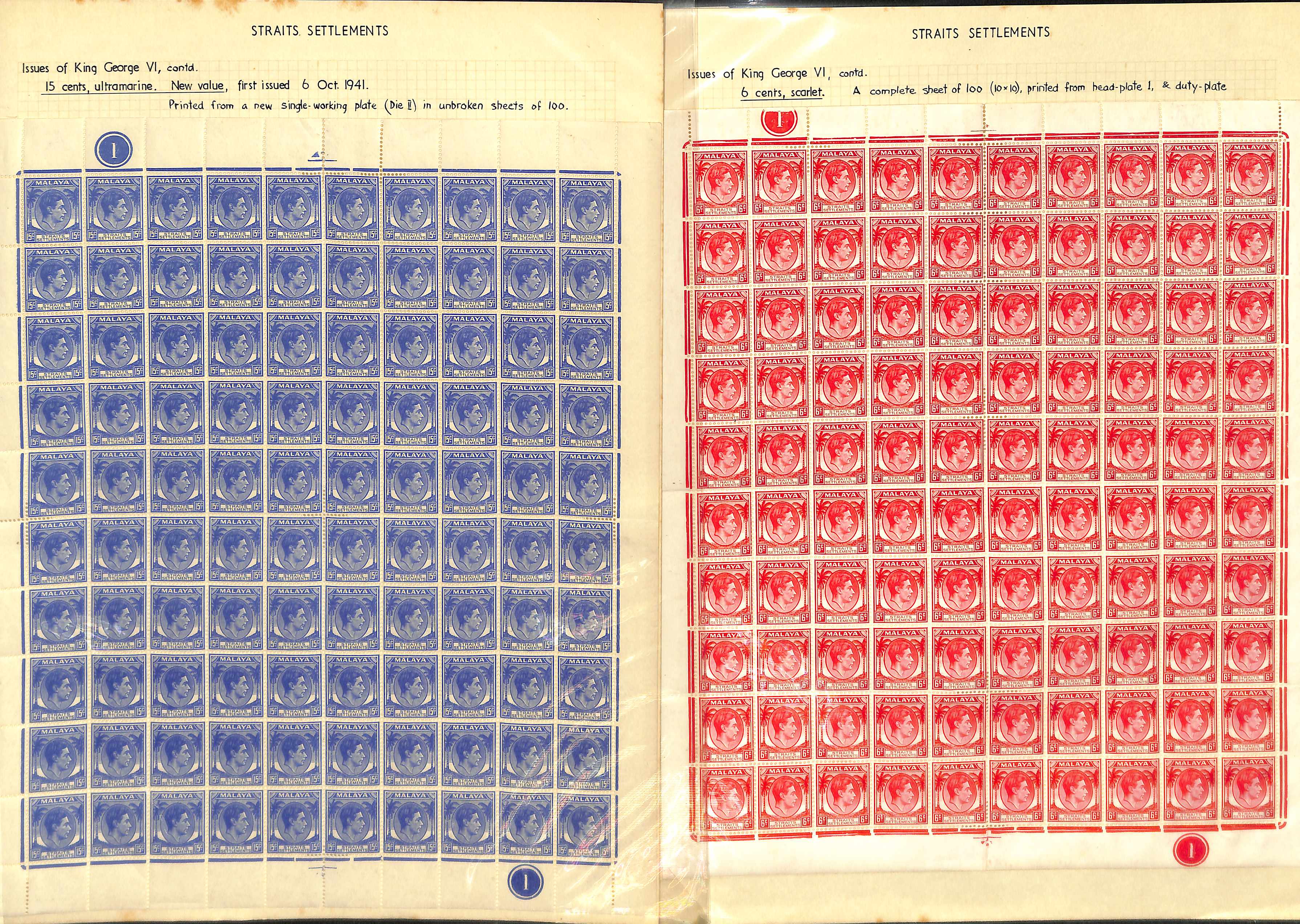 1937-41 Die I 6c scarlet, die II 2c green, 2c orange and 15c ultramarine all in sheets of 100,