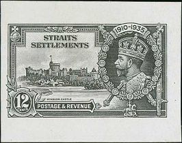 1935 Silver Jubilee, 12c Die Proof in black on thin glazed card, 43x33mm, fine and very rare.