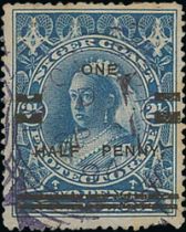 1894 ½d on 2½d Surcharge issued at Old Calabar, three used examples all with Old Calabar squared