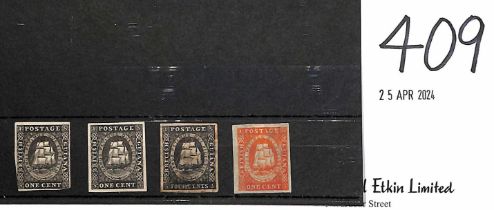 1853 Imperforate 1c (2, one cut into) and 4c (faults) plate proofs in black on thin card; and 1c