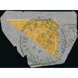 1874-75 2pi Yellow, perf 13½x12½, diagonal bisect tied to piece by an Alexandria c.d.s (S.G.