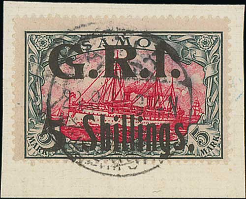 5/- on 5m Fine used on piece, scarce. S.G. 114, £1,500. Photo included on Back Cover.