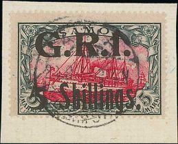 5/- on 5m Fine used on piece, scarce. S.G. 114, £1,500. Photo included on Back Cover.