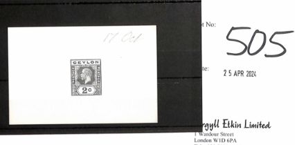 1912 KGV 2c Die Proof, the stamp inscribed "Postage Postage" (only used for postal stationery), in
