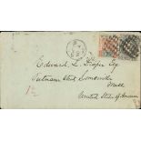 1892 (Nov 4) Cover to USA bearing 1884-94 6d and 1890-97 1½d with unusual cork cancels (Proud