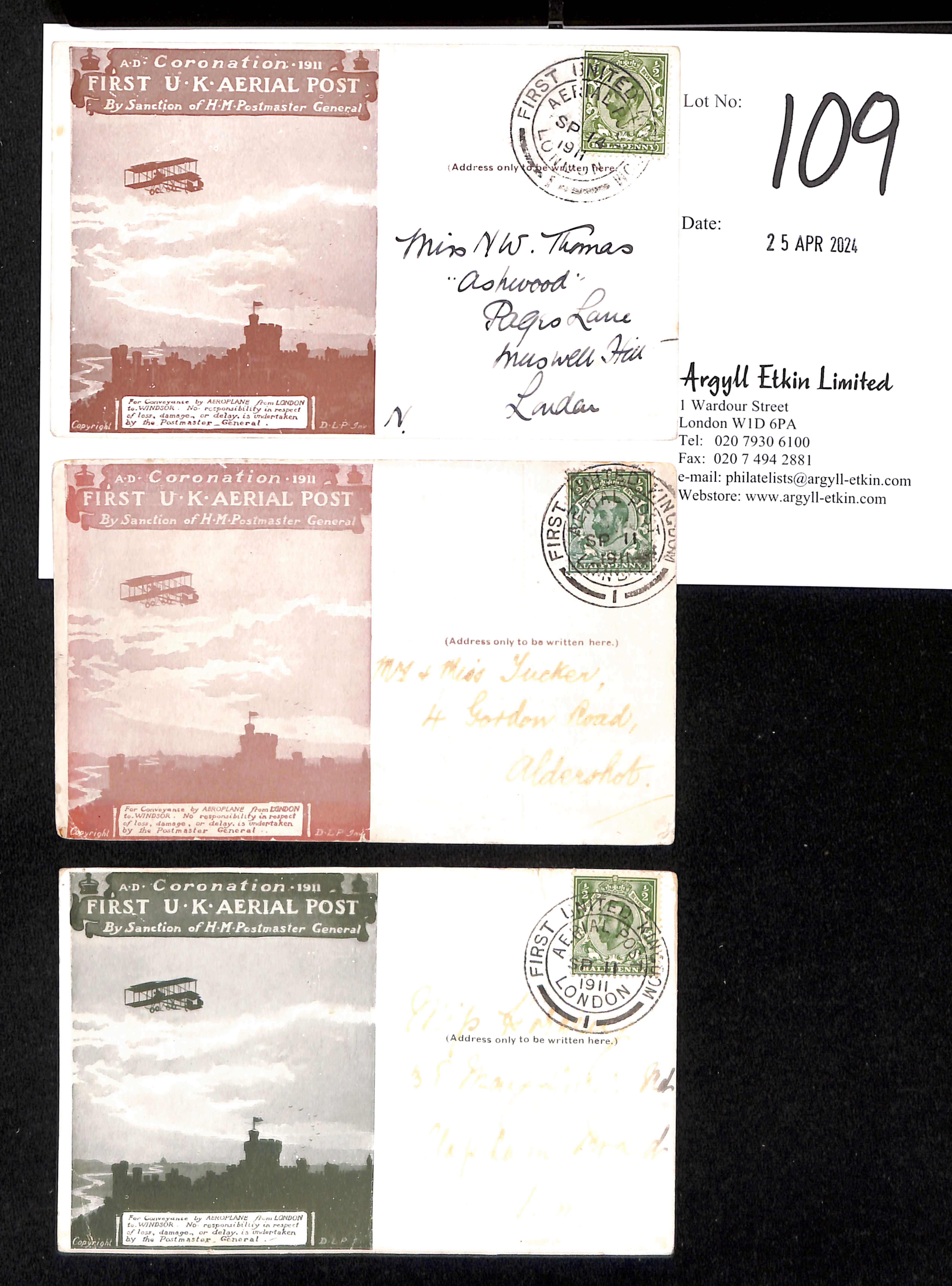 First U.K Aerial Post. 1911 (Sep 11-14) Brown, red brown and green London to Windsor postcards - Image 2 of 4