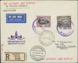 Malta. 1934 (June 19) Registered cover to Parana franked 3/-, the two stamps cancelled by violet "