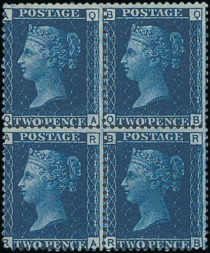 1858-76 2d Deep blue plate 15, QA-RB mint block of four, crease to QB, usual gum creases,