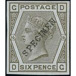 1878 Imperforate 6d grey, handstamped "SPECIMEN" type 9 diagonally, fine mint. S.G. J86s, £450.