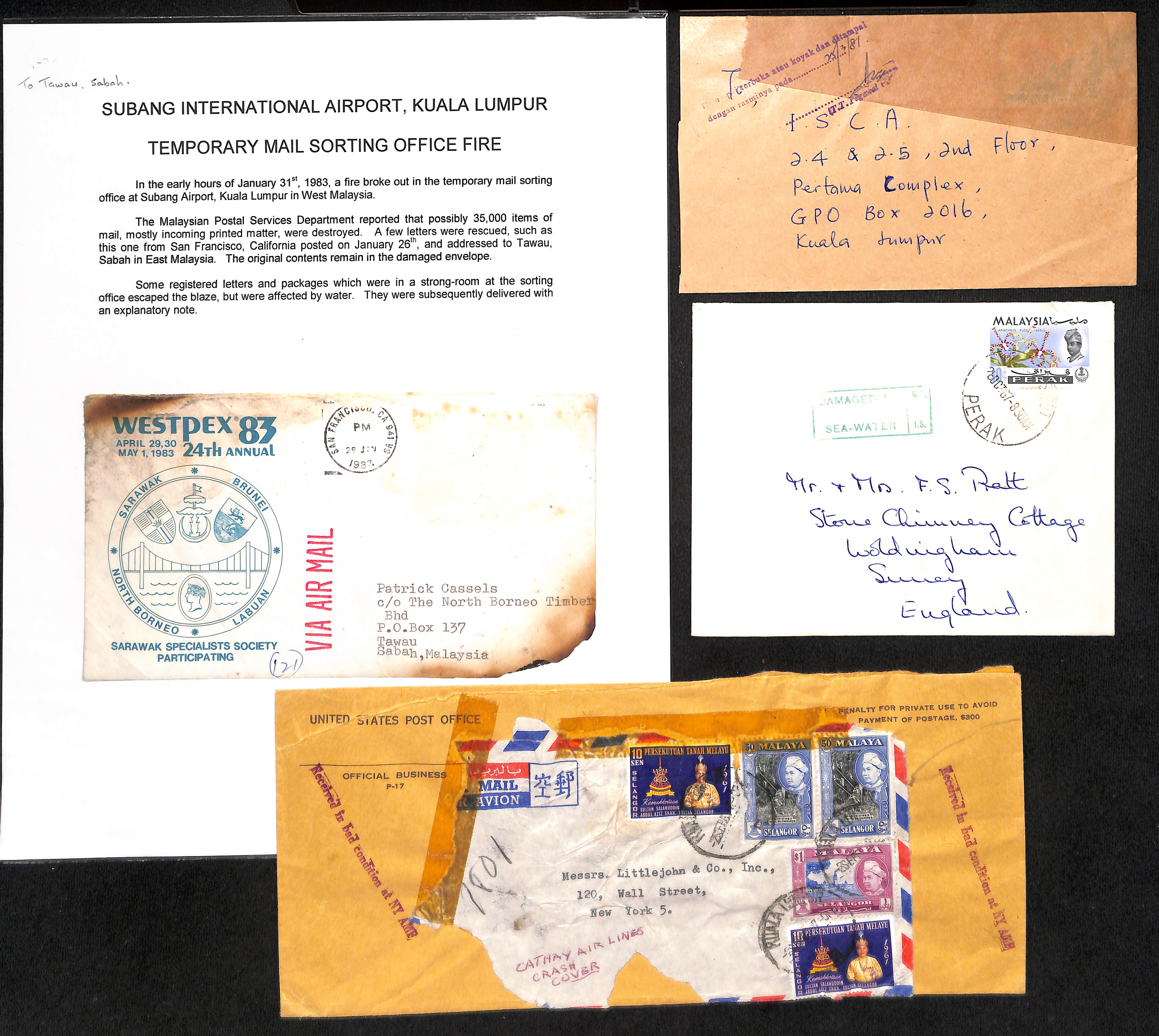 1961-83 Covers comprising 1961 (Sep. 2) damaged front from Kuala Lumpur to New York taped to U.S.P.