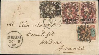 1892 (Oct 5) Cover to France bearing 1884-94 1d (2, oxidised) + 4d + 1890-97 1½d, with fine cork