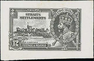 1935 Silver Jubilee, 12c Lithographic publicity proof in black on glazed card, 50x32mm. The Crown
