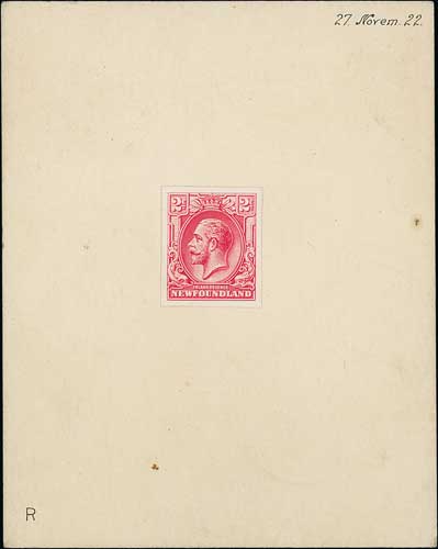 Newfoundland. 1922 Inland Revenue 2c, stamp size photographic essay in red, affixed to thick card