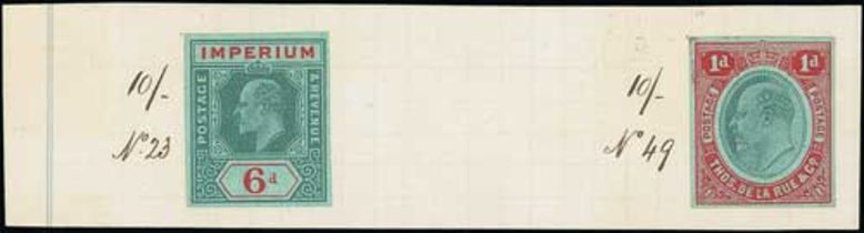 1908 De La Rue third universal colour scheme, piece bearing an imperforate 6d Imperium trial (
