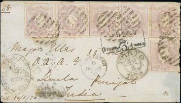 Portugal/Gibraltar. 1879 (May 20) Cover from Porto to India bearing 100r single and strip of five,