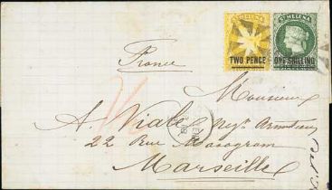 1881 (Mar 18) Entire to France franked 2d + 1/- (S.G. 22, 26) tied by fine cork cancels (Proud K36),